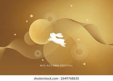 Chinese Mid Autumn festival  vector design card, poster, flyer, banner. Full moon, hair, lantern. Geometric modern vector with abstract forms, gradients. Golden metallic gradient background.