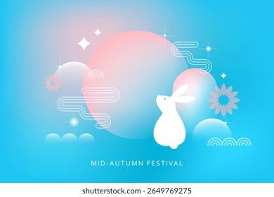 Chinese Mid Autumn festival  vector design card, poster, flyer, banner. Full moon, hair, lantern. Clouds, sky. Geometric modern vector with abstract forms, gradients. White, blue, pink soft shades. 