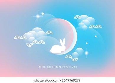 Chinese Mid Autumn festival  vector design card, poster, flyer, banner. Full moon, hair, lantern. Clouds, sky. Geometric modern vector with abstract forms, gradients. White, blue, pink soft shades. 