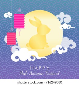 Chinese mid autumn festival vector illustration, Rabbit in Luna full moon with lanterns on Chinese pattern.