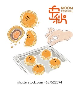 Chinese mid autumn festival . Chinese "Zhong Qiu " ,yolk pastry, vector illustration