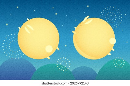 Chinese Mid-autumn festival banner with rabbit full moon and fireworks in blue night background elements.