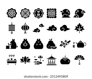 chinese mid-autumn festival icon solid set