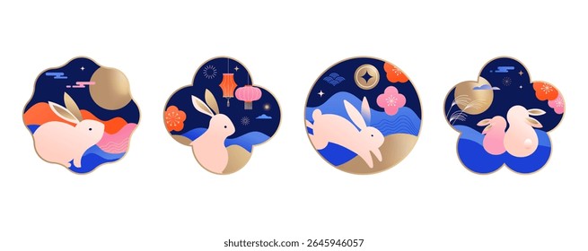 Chinese Mid-Autumn Festival and Korean Chuseok geometric backgrounds with rabbit, mooncake, full moon, cloud, lantern and decorative flower elements