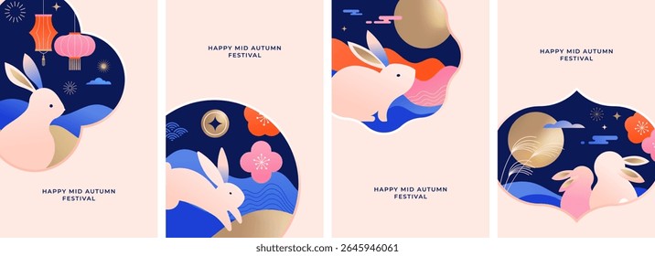 Chinese Mid-Autumn Festival and Korean Chuseok geometric vertical backgrounds with rabbit, mooncake, full moon, cloud, lantern and decorative flower elements