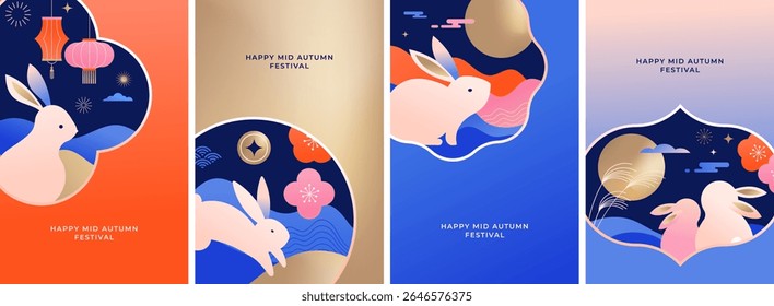 Chinese Mid-Autumn Festival and Korean Chuseok geometric vertical backgrounds with rabbit, mooncake, full moon, cloud, lantern and decorative flower elements