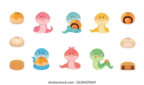 Chinese Mid-Autumn Festival material set, portraits and close-ups of snakes and mooncakes, vector illustration