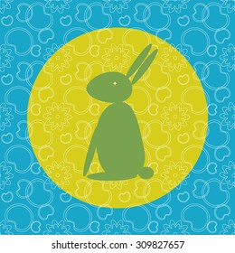 Chinese Mid-Autumn Festival postcard design. Moon Rabbit from Asian mythology. Rabbit silhouette against the full Moon shape, lotus flowers and leaves pattern.