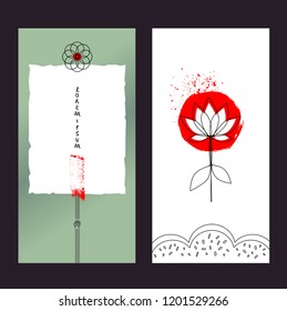 Chinese minimalist style template banner in oriental style. Abstract flower isolated on white background. Vector hand drawn illustration. Sketch image.