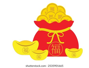 Bolsa de dinheiro chinesa isolada no bolso de dinheiro branco.Chinês de Ano Novo. A palavra "Fu" significa - Boa sorte. Ilustração vetor chinês tradicional.