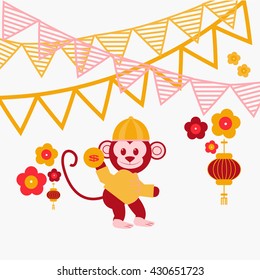 Chinese Monkey festival with flags over white color backdrop