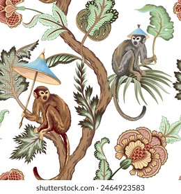 Chinese monkey with umbrella seamless pattern. Chinoiserie floral wallpaper.