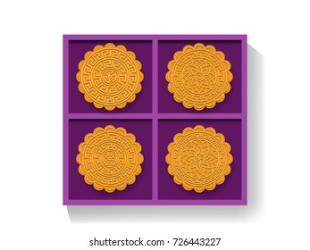 Chinese Moon Cake In Gift Box, Top View, Vector Design