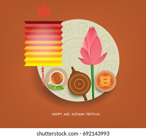 Chinese moon cake and green tea for Mid autumn festival.  Tea pot, tea cup