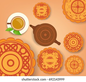 Chinese moon cake and green tea for Mid autumn festival. Tea pot, tea cup