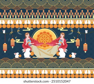 Chinese Moon Festival.design with rabbits, lantern, mooncake seamless