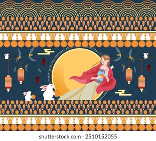 Chinese Moon Festival.design with rabbits, lantern, mooncake seamless