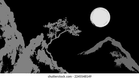 Chinese moon lanscape with tree on mountain. Sakura tree on mountain cliff, full moon lanscape vector illustration. Rock cliff, bush, white moon disk.