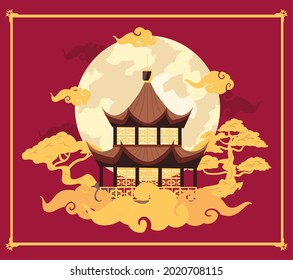 chinesisches Mondplakat mit Tempel