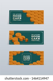 Chinese Mooncake 3D isometric, Mid-autumn Moon festival concept poster and banner horizontal design illustration isolated on green background with copy space, vector eps 10