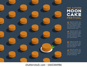 Chinese Mooncake 3D isometric pattern, Mid-autumn Moon festival concept poster and banner horizontal design illustration isolated on blue background with copy space, vector eps 10