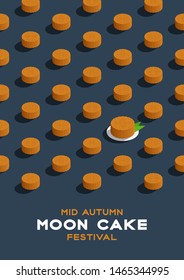 Chinese Mooncake 3D isometric pattern, Mid-autumn Moon festival concept poster and banner vertical design illustration isolated on blue background with copy space, vector eps 10