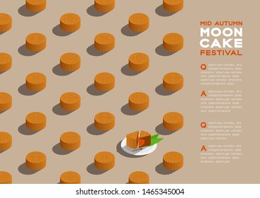 Chinese Mooncake 3D isometric pattern, Mid-autumn Moon festival concept poster and banner horizontal design illustration isolated on beige background with copy space, vector eps 10