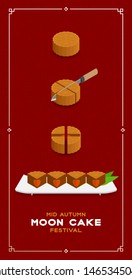 Chinese Mooncake slice 4 pieces 3D isometric, Mid-autumn Moon festival concept poster and banner vertical design illustration isolated on red background with copy space, vector eps 10