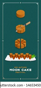 Chinese Mooncake slice 8 pieces 3D isometric, Mid-autumn Moon festival concept poster and banner vertical design illustration isolated on green background with copy space, vector eps 10