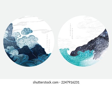 Chinese mountain decorations with blue watercolor texture in vintage style. Abstract art landscape with hand drawn wave elements. Logo ands icon design.