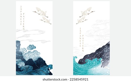 Chinesische Bergdekorationen mit blauer Aquarellstruktur im Vintage-Stil. Abstrakte Kunstlandschaft mit handgezeichneten Wellenelementen. Logo und Symboldesign der Kranken-Vögel