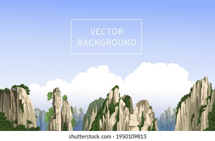 Chinese mountains panoramic landscape with big clouds. Realistic hand-drawn vector background. Travel to China. Flat illustration.