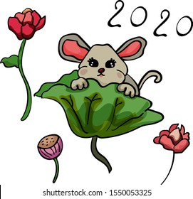 Chinese mouse sitting in lily flowers. Doodle Chinese illustration
