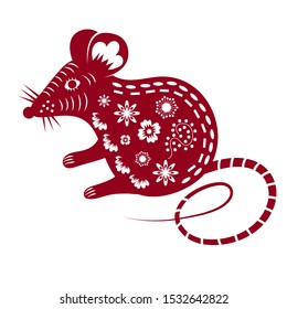 Chinese Mouse in traditional paper cut style. Happy Chinese New Year 2020year of the rat.Vector illustration