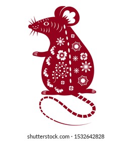 Chinese Mouse in traditional paper cut style. Happy Chinese New Year 2020year of the rat.Vector illustration