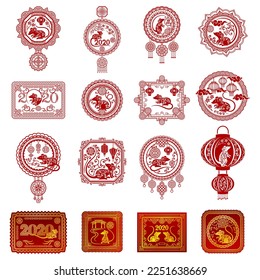 Chinese Mouse Zodiac Signs and Symbol on Stamps Big Vector Set