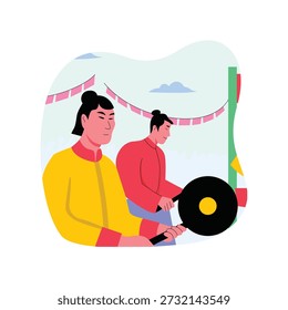Músicos chineses tocando bateria ilustração vetorial 