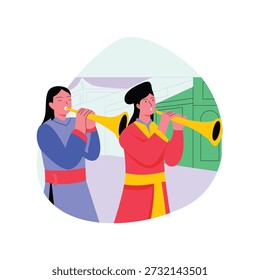 Músicos chineses tocando a ilustração vetorial de chifres 