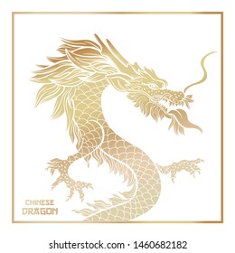 Chinese mythic dragon poster template. Legendary oriental mythological creature on white background. Asian ceremonial serpent in threatening pose hand drawn illustration. New Year banner design layout