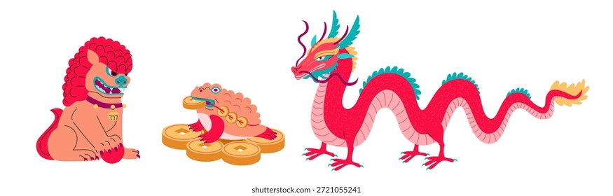 Chinesische mythische Kreaturen, Vektorgrafik-Set mit Drachen, Löwenwächter und Geldkröte mit Goldmünzen