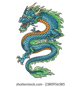 Chinese mythical dragon colorful logotype with azure mascot with fish scales and ferocious grin for horoscope magazine design vector illustration