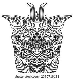 Chinese mythical lion - coloring book item. Hand drawn black and white vector illustration.