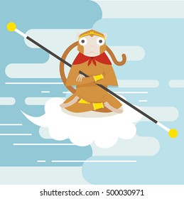 Chinese mythical Monkey King character vector illustration flat design