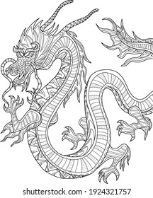 Chinesischer Nationaldrache mit schönen Mustern.  Dies ist ein Anti-Stress-Farbbuch für Erwachsene, auch ein Beispiel für eine Tätowierung.