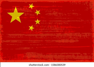 Chinese national flag isolated vector illustration. Travel map design graphic element. World county symbol. Chinese flag icon with grunge texture. Flat flag of China with yellow stars over red