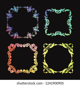 Chinese national ornament. Set of elements.  Multicolor with gold counture. Vector illustration. Isolated on black background.