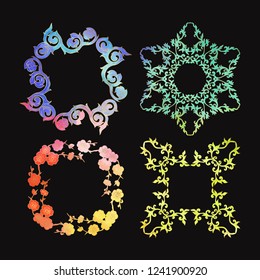 Chinese national ornament. Set of elements.  Multicolor with gold counture. Vector illustration. Isolated on black background.