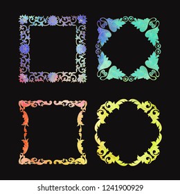 Chinese national ornament. Set of elements.  Multicolor with gold counture. Vector illustration. Isolated on black background.