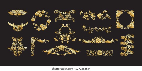 Chinese national ornament. Set of elements.  In gold and black
Vector illustration in gold colors. 