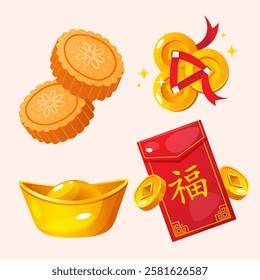 Chinese national symbols collection with hongbao envelope, golden chinese coins, golden ingots and mooncakes.